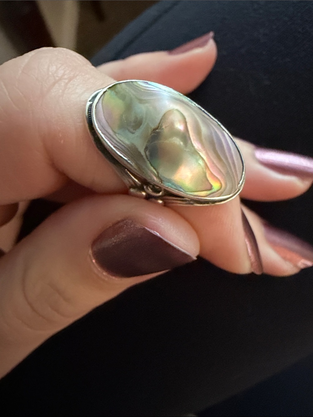 Sterling Silver Abalone Shell Statement Ring - Iridescent Green - Sz. 4
